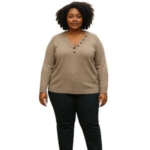 Anthropologie A+ Taupe Asymmetrical Button V-Neck Sweater Women’s 3X Soft Knit